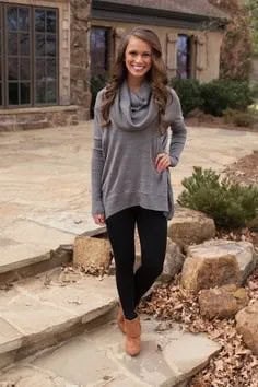 Grey Cowl Neck Sweater with Black Leggings & Camel Ankle Boots