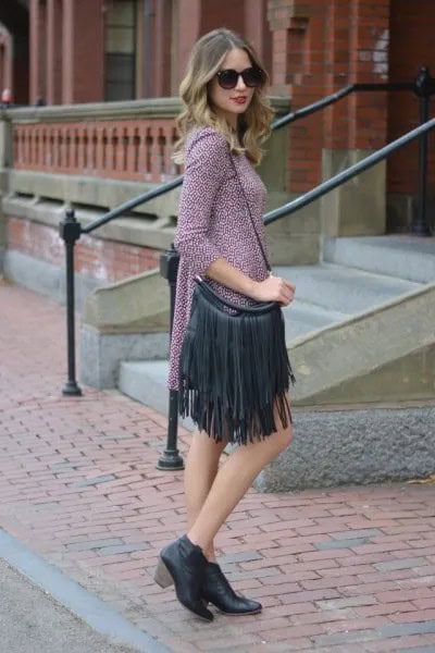 Grey Knit Three-Quarter Sleeve Mini Shift Dress with Black Leather Fringe Purse