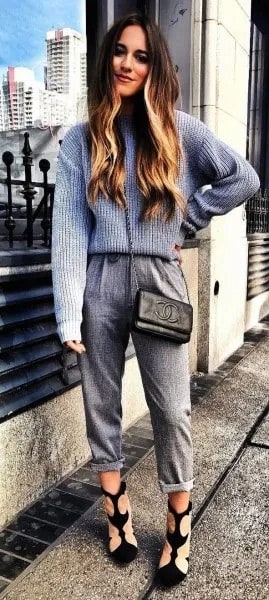 Grey and White Ribbed Sweater with Cuffed Knit Pants