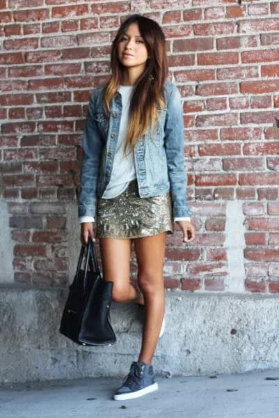 Blue Denim Jacket with Gold Mini Skirt & High Top Canvas Shoes