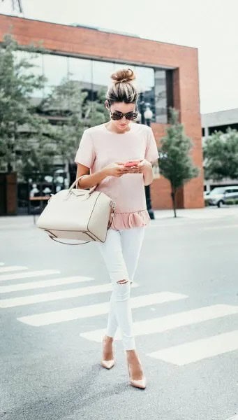 Pale Pink Ruffle Hem T Shirt with White Capri Leggings