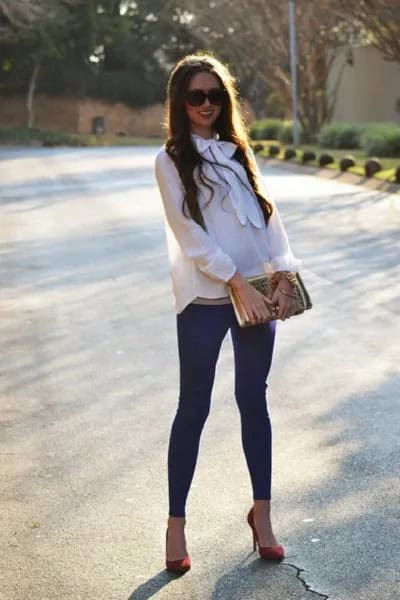 White Chiffon Blouse wth Navy Leggings & Burgundy Heels