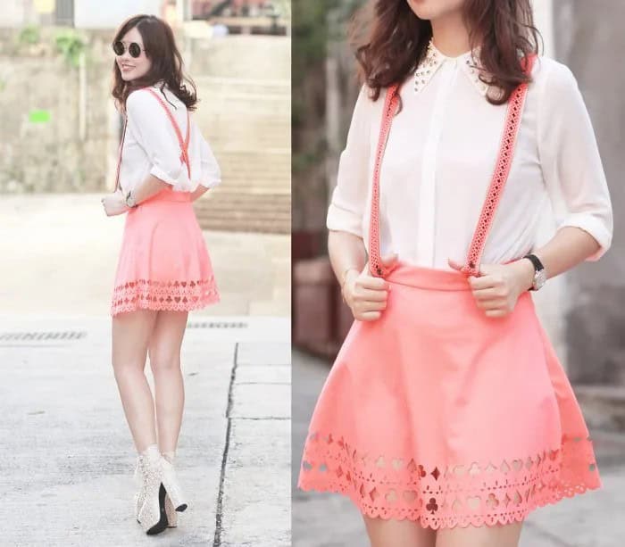 White Button Up Shirt with Blush Pink Suspender Mini Skater Skirt