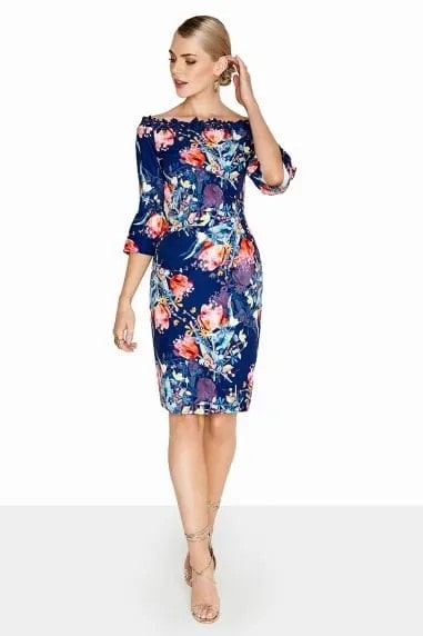 Navy and Orange Floral Printed Boat Neck Knee Length Dress