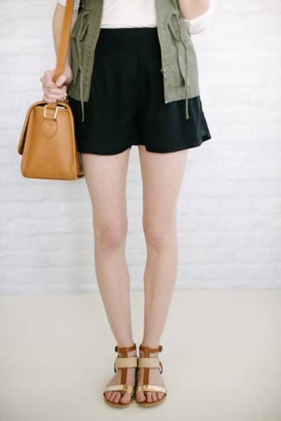 Army Green Cargo Vest with Black Flowy Shorts