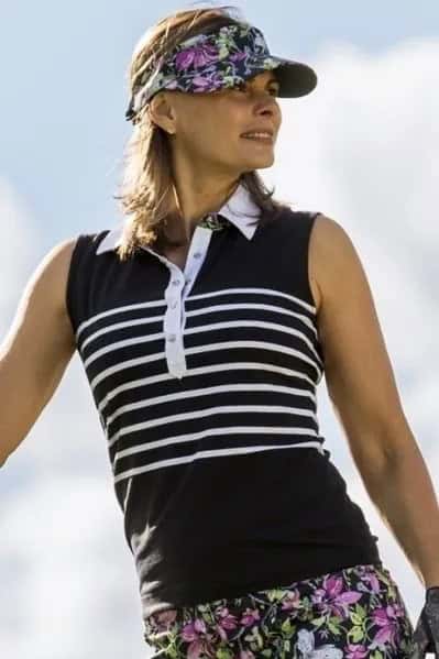 Black and White Striped Polo Shirt with Floral Printed Mini Skirt