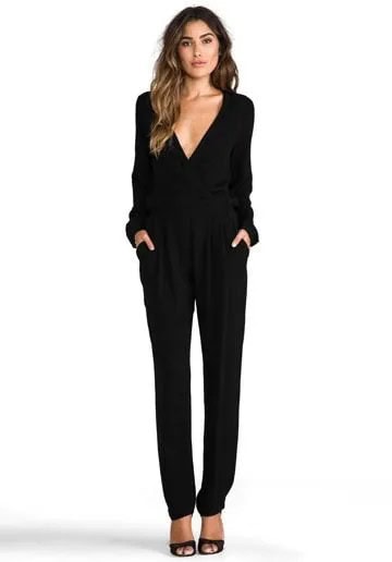 Black Long Sleeve Deep V Neck Jumpsuit