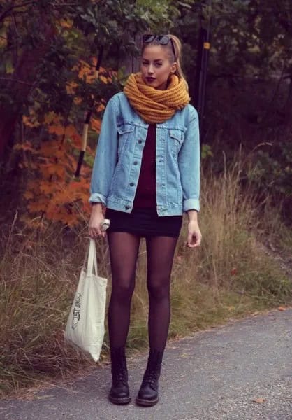 Black Mini Dress, Denim Jacket, Stockings & Combat Boots