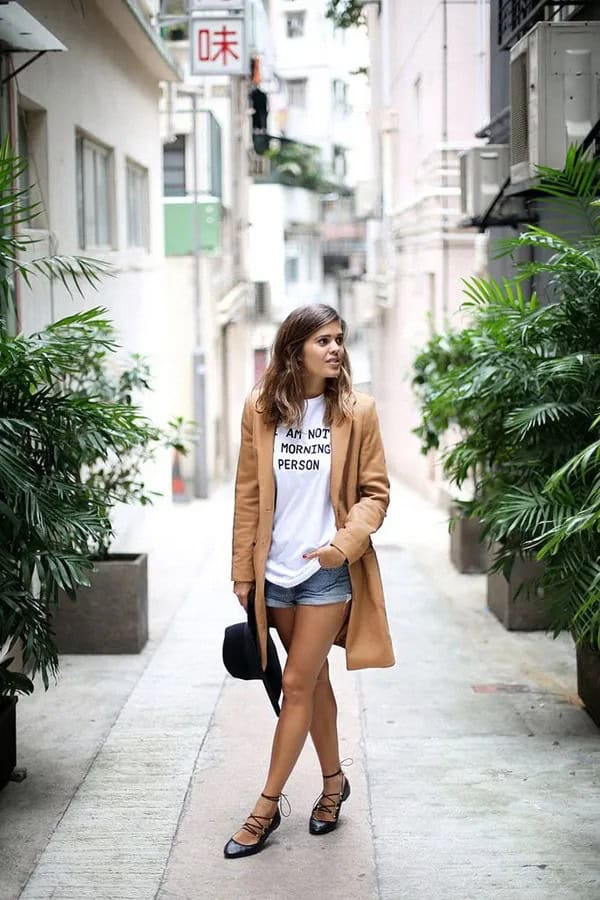 Camel Tailored Coat and Lace Up Flats