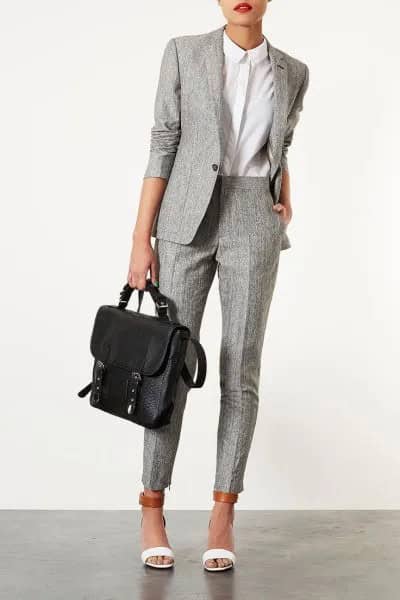 Grey Tweed Suit with White Button Up Shirt