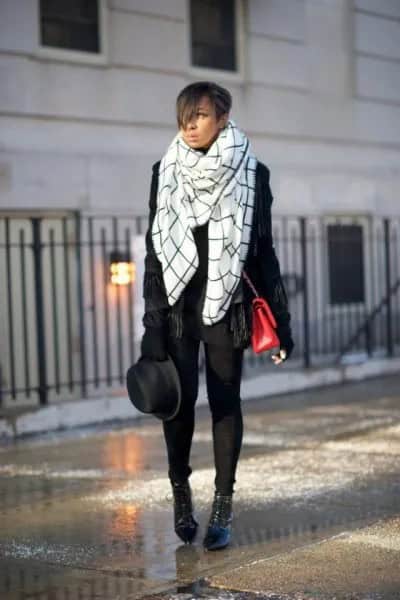 White and Black Plaid Blanket Scarf with Leather Jacket