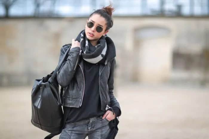 Leather Jacket with Black Tee & Grey 3D Jeans