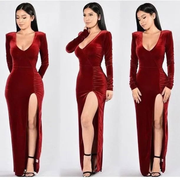 Red Low Cut Velvet Maxi Dress with Black Open Toe Heels