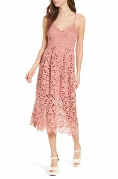 Peach Deep V Neck Midi Lace Sheath Dress