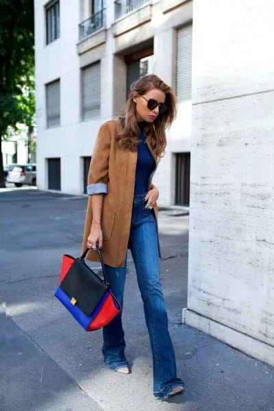 Camel Suede Oversized Blazer with Blue Jeans & Black Leather Boots