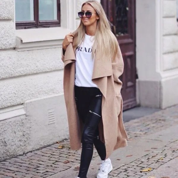 Camel Maxi Length Winter Coat with White Print Tee & Black Leather Pants