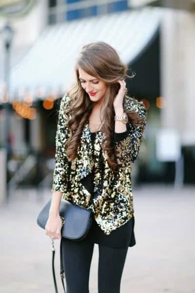 Gold Sequin Blazer with Black Long Blouse & Leggings