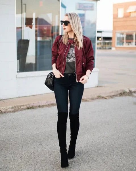 Maroon Bomber Jacket with Green Print Tee & Black Jeans