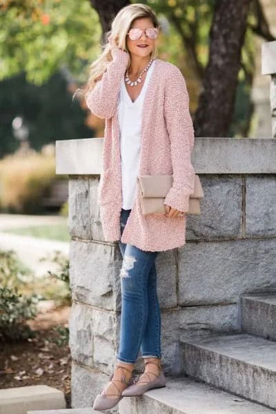 Light Gold Relaxed Fit Cardigan with White V Neck Tee