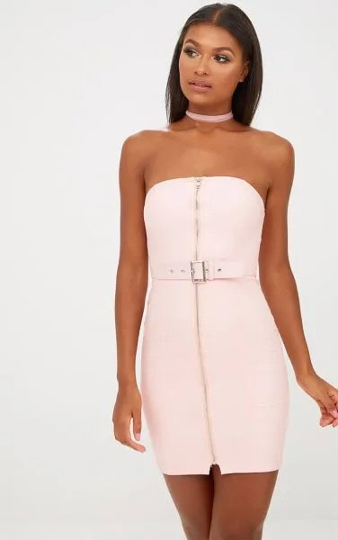 White Zip Front Tube Dress with Pale Pink Choker