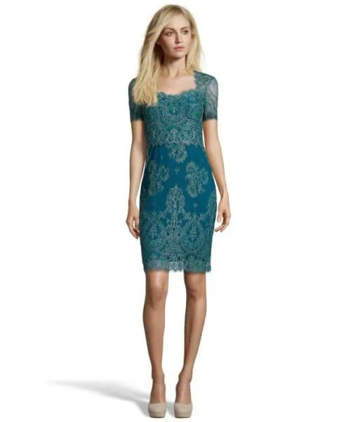 Teal Short Sleeve Lace Sheath Cocktail Dress