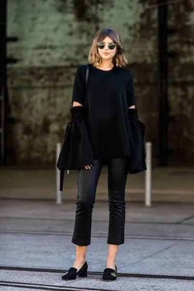 All-Black Outfit with Black Heeled Loafers