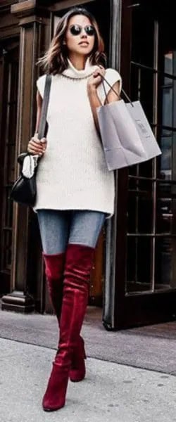 White Sleeveless Turtleneck Sweater with Burgundy Velvet Over The Knee Boots