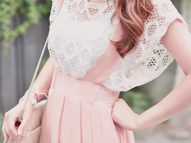 White Crochet Lace Cap Sleeve Top with Pale Pink Suspender Dress