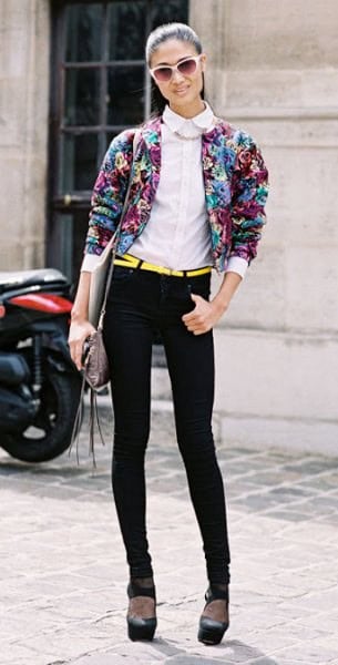 Floral Bomber Jacket with White Collar Shirt & Skinny Jeans