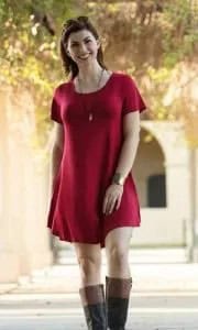 Red Short Sleeve Tunic Dress with Grey Knee High Boots