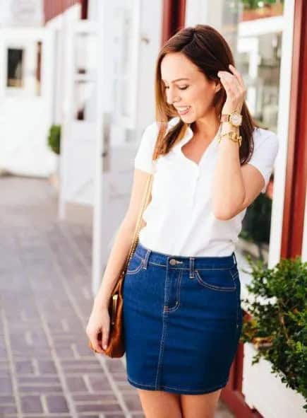 White Polo Shirt with Denim Mini Skirt