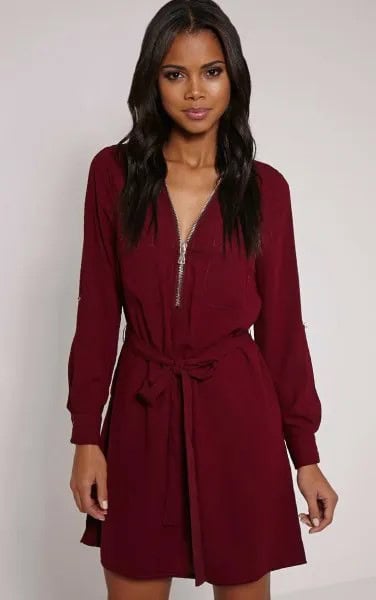 Burgundy Belted Long Sleeve Shift Dress