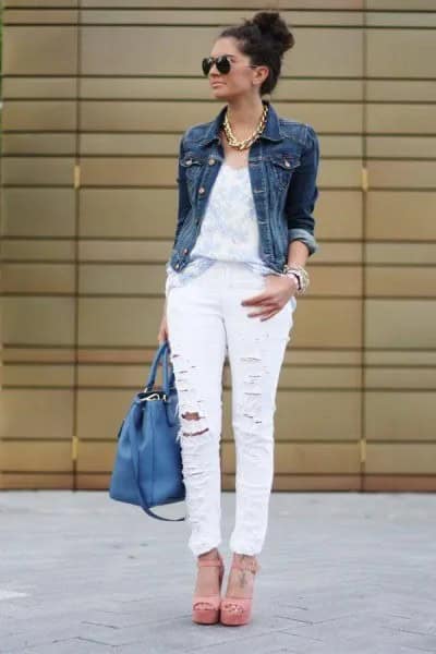 Ripped Jeans with White Top & Denim Jacket