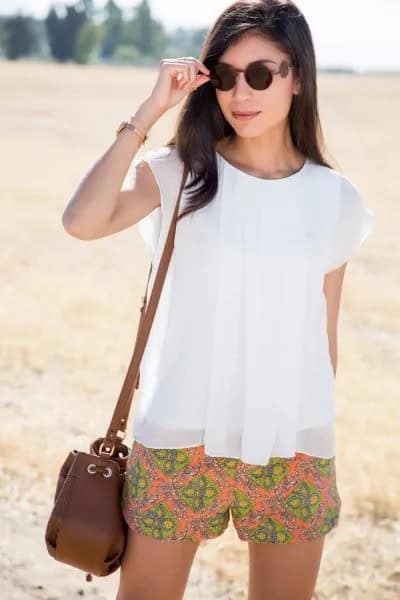 White Chiffon Cap Sleeve Top with Orange Printed Flowy Shorts