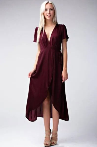 Burgundy Deep V Neck Gathered Waist High Low Midi Dress