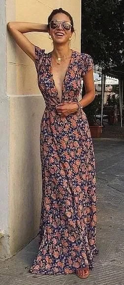 Navy and Pink Floral Printed Deep V Neck Floor Length Dress