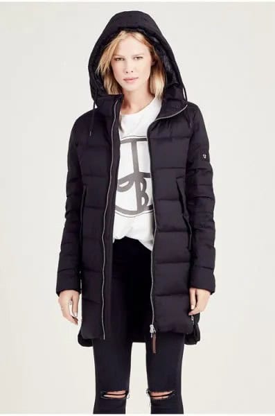 Black Hooded Down Jacket with White Graphic Sweatshirt