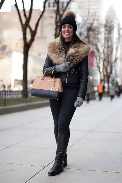 Black Leather Fur Collar Jacket with Knit Hat & Knee High Boots