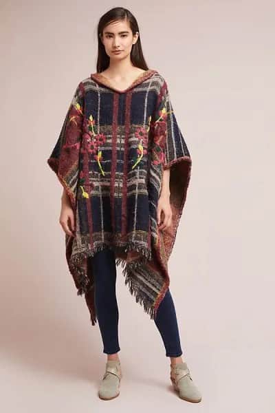 Embroidered Brown and Navy Plaid Poncho