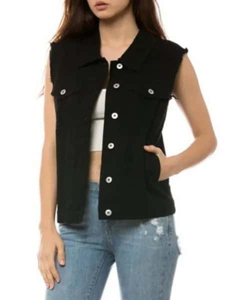 Black Denim Unwashed Vest with White Crop Top & Blue Ripped Jeans