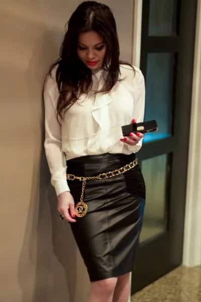 Gold Chain Belt with White Chiffon Blouse & Black Leather Skirt