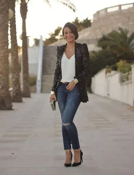 Black Sequin Blazer with White V Neck Top & Jeans