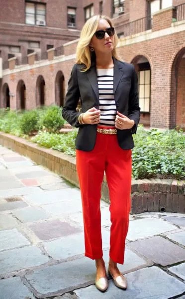 Black Blazer with Red Cropped Pants & Gold Loafers