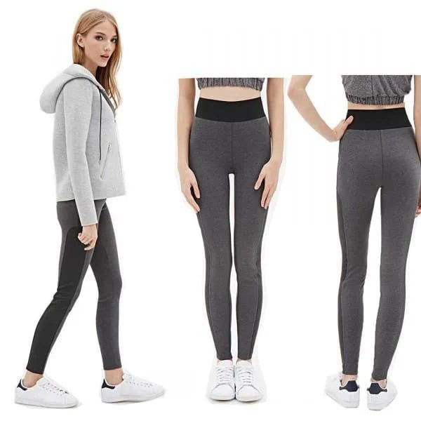 Light Grey Hoodie with Dark Running Leggings & White Sneakers