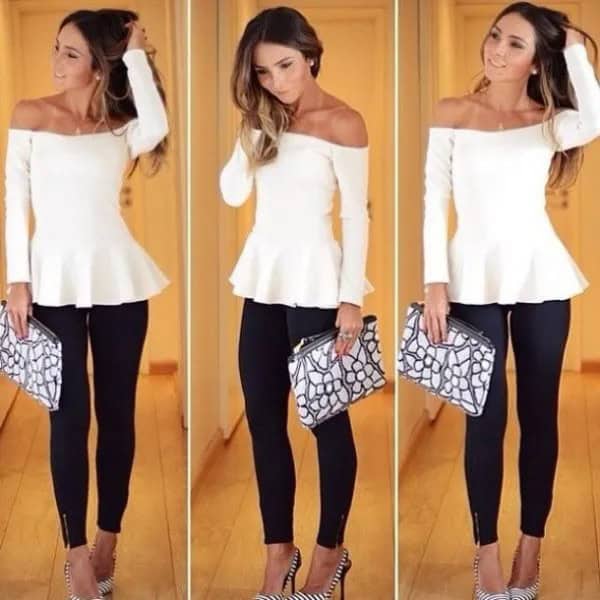 White Off The Shoulder Tunic Dressy Blouse with Black Skinny Jeans