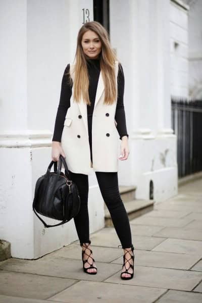 Black Turtleneck Knit Sweater with White Sleeveless Wool Jacket