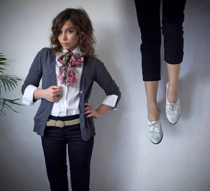 Floral Silk Bow Scarf with White Shirt & Grey Cardigan