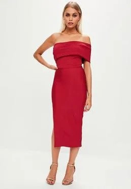 Red Off The Shoulder Midi Dress with Slit