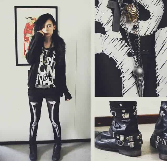 Black Leather Jacket with Tunic Graphic Tee & Skeleton Leggings