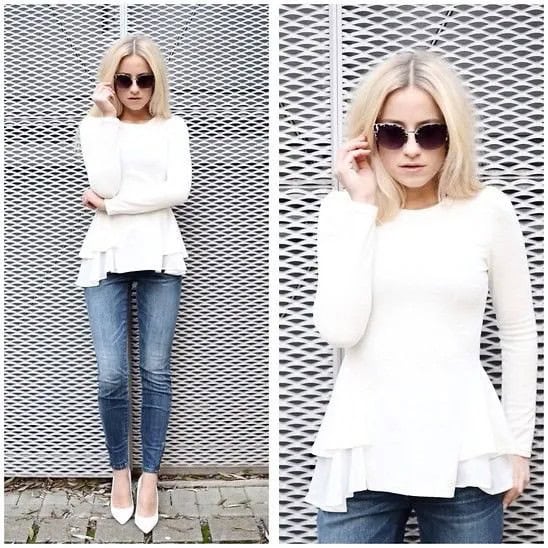 White Peplum Sweater with Ruffle Blouse & Jeans